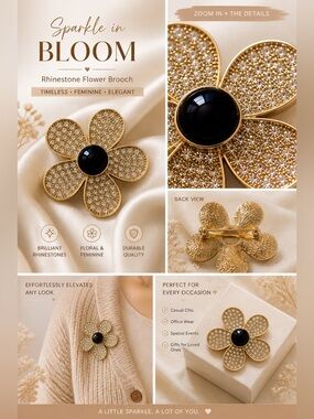 Mint Gold Rhinestone Flower Brooch with Black Center